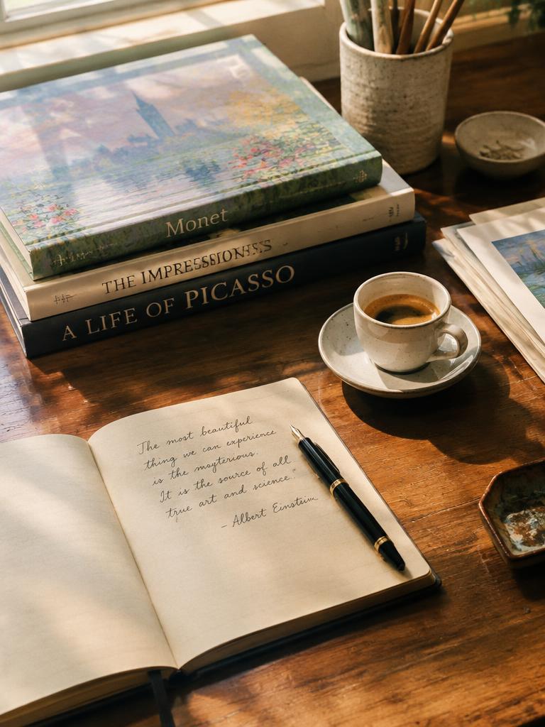 Schrijftafel met notitieboek en espresso