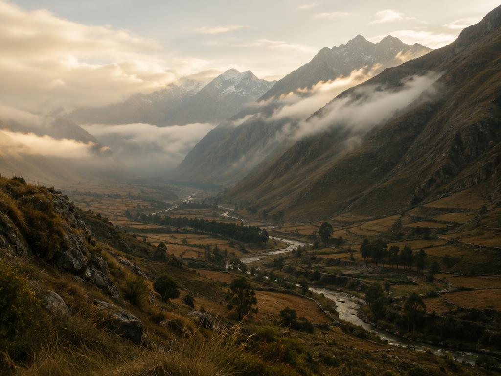 Andes vallei in ochtendmist